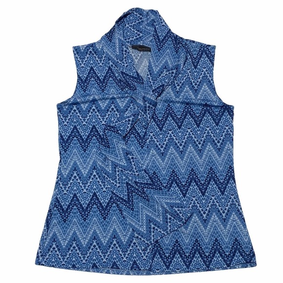 Jm Fleurette Multi-Tone Blue Chevron Print Sleeveless Tie Neck Sash Blouse - Picture 5 of 11